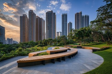 Naklejka premium Modern urban park with winding benches and skyscrapers under a vibrant sunset in a bustling city