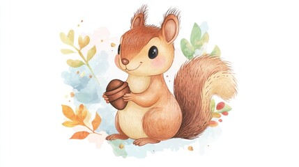 Cute squirrel holding nut, autumnal background, children's illustration, possible use in kids' book or decor