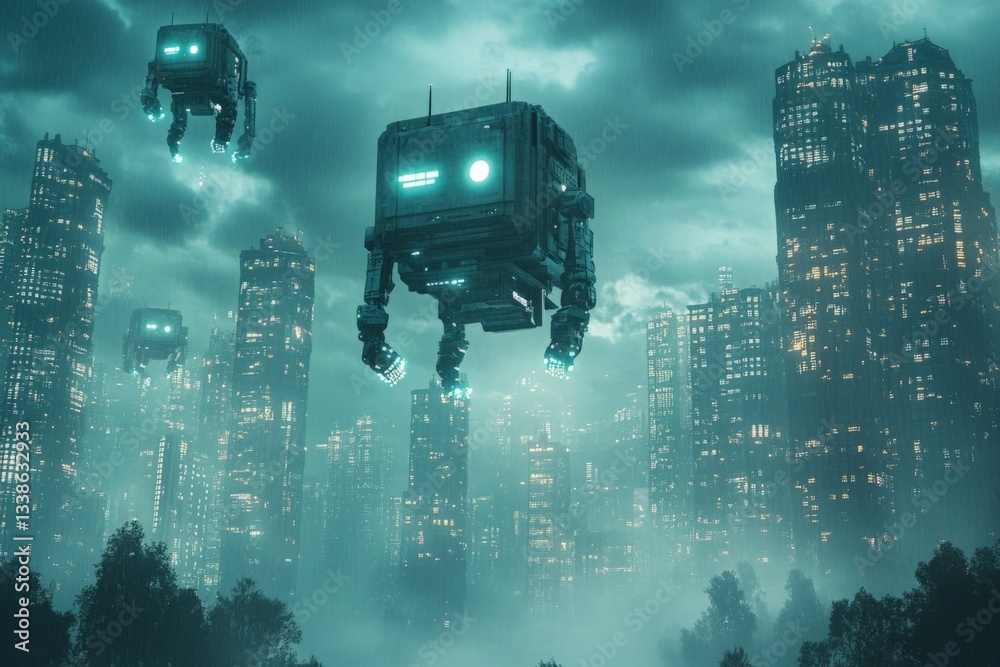 Poster floating robots navigate futuristic city above a misty urban landscape at twilight