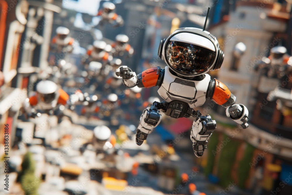 Poster flying robots exploring a futuristic cityscape during the day
