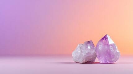 Two amethyst crystals on pink background.  One is raw, other is faceted.  Purple, pink, and orange gradient backdrop.