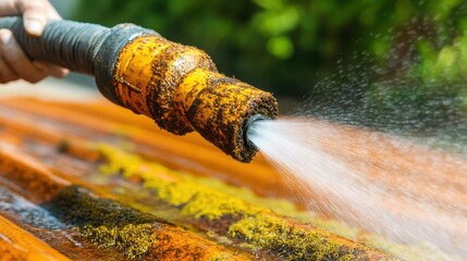 Obraz premium A person is using a pressure washer on a dirty surface, effectively removing grime and debris, demonstrating the power of cleaning tools for maintenance and care of outdoor spaces.