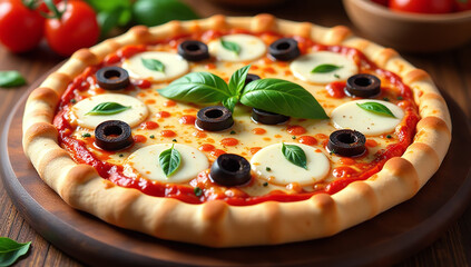 delicious italian pizza features mozzarella olives tomatoes basil crispy crust melted cheesy