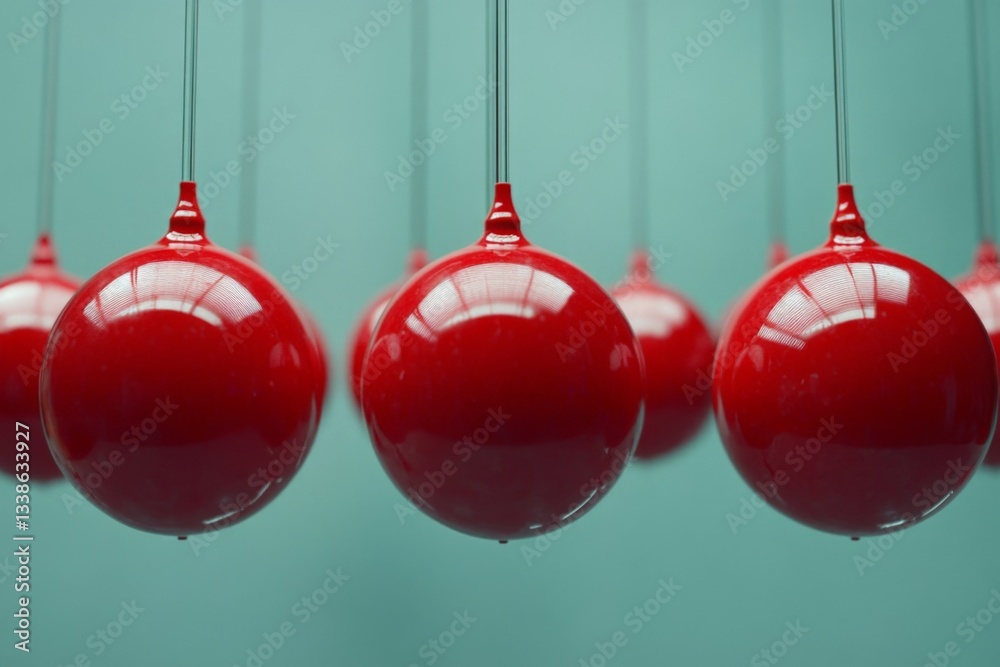 Poster red glossy spheres suspended in a row against a light blue background