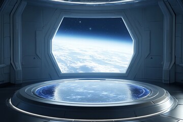 View of Earth from a futuristic observation deck in space, showcasing clouds and blue atmosphere