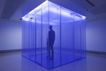 Visitors explore an immersive blue art installation in an exhibition space at dusk