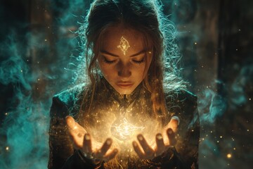 Magical sorceress conjuring glowing golden energy