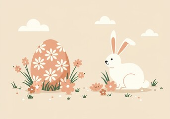 Charming Easter Illustration Featuring a Bunny and Floral Patterned Egg, Perfect for Celebrating the Spring Holiday.