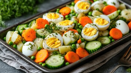 Assorted vegetables in a roasting tray: potatoes, carrots, peas, asparagus, broccoli, and hardboiled eggs, finished with herbs.