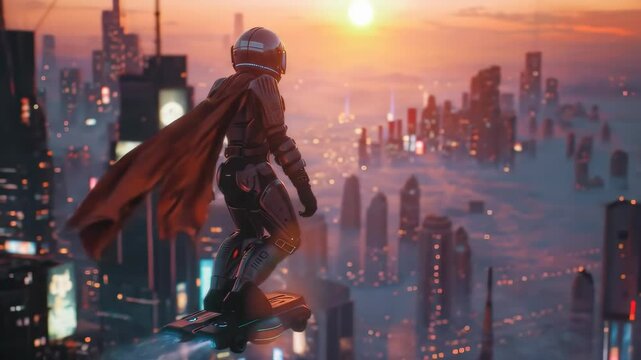 A robot on a hoverboard floating against skyscrapers during sunset.