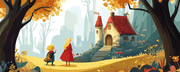 Two girls walking in autumn forest toward enchanted cottage under colorful trees.