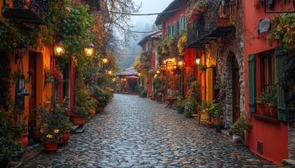 Fototapeta premium A picturesque cobblestone street with buildings and vibrant floral decorations