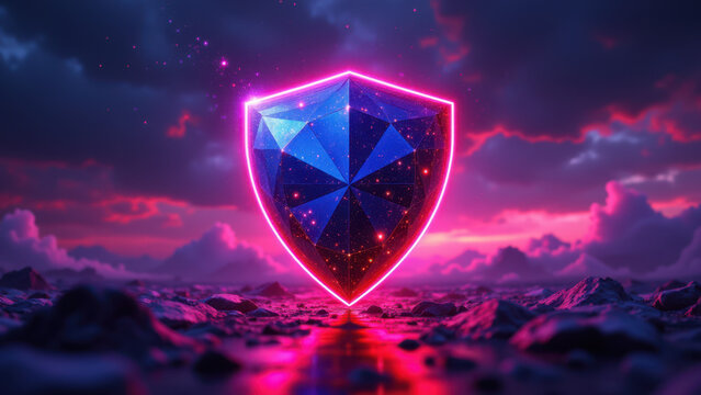 A cyber-security themed image featuring a glowing blue shield with a star graphic set against a vibrant pink sky with clouds and a silhouette of mountains.