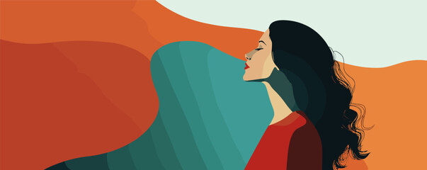 Serene woman silhouette in vibrant abstract background with flowing hair.