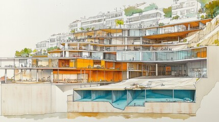 Conceptual architectural cross section of terraced building with pools