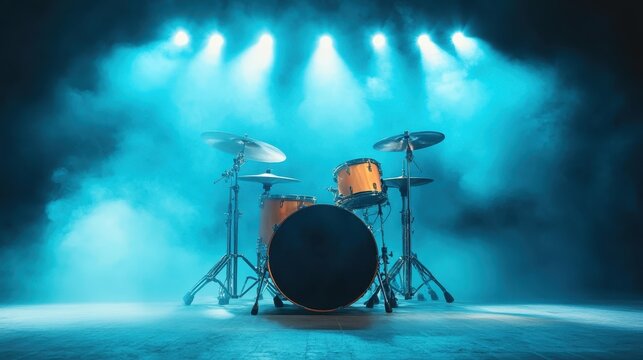 A classic drum set bathed in dramatic blue lighting with smoke adds an enchanting atmosphere, perfect for evoking feelings of music and performance excitement. - Powered by Adobe