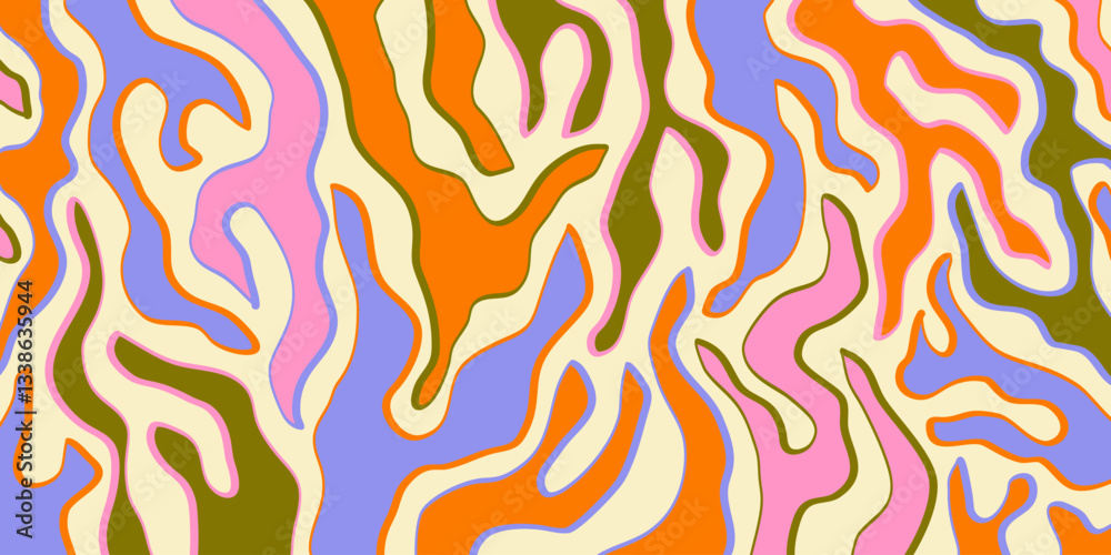 Poster Abstract Geometric Wavy Background. Cool Funky Art Vector Design. Groovy Trippy Hippy Pattern. Psychedelic Y2k Texture. Retro Fun Bg.