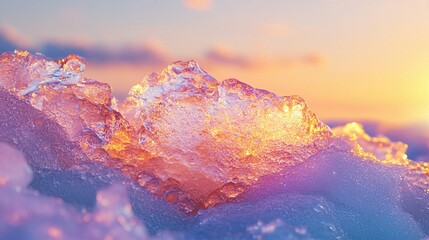 Ice Crystals at Sunrise: A captivating scene of ice crystals reflecting the soft light of dawn, casting a beautiful glow over the icy landscape, offering a glimpse into nature's delicate artistry.
