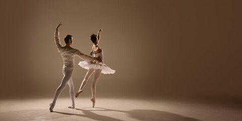 Fluid steps of ballet duet create silent grace, arms curving, bodies shifting with refined energy under soft, warm light. Copy space. Concept of movement, harmony, performance, passion, timeless grace