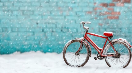 This captivating image depicts a red bicycle partially covered in snow against a blue brick wall while snowflakes gently fall, encapsulating the essence of a quiet winter day.