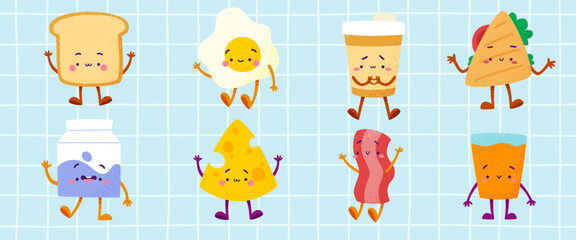 Drawn set of breakfast food characters. Cute vector textured collection of morning food.
