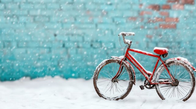 This captivating image depicts a red bicycle partially covered in snow against a blue brick wall while snowflakes gently fall, encapsulating the essence of a quiet winter day.