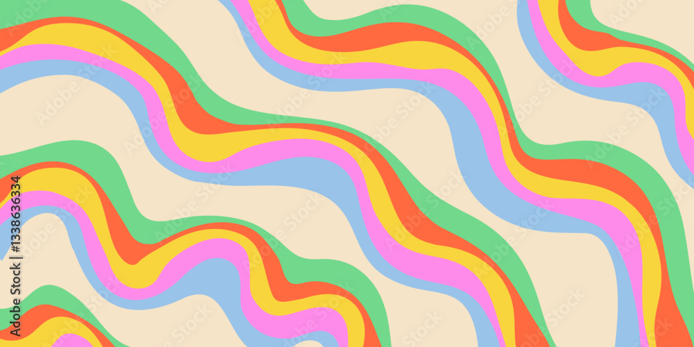 Poster Rainbow Wavy Abstract Backgound. Cool Colorful Playful Texture. Groovy Psychedelic Stripes. Y2k Funny Vector Texture. Pop Art Retro Bg.