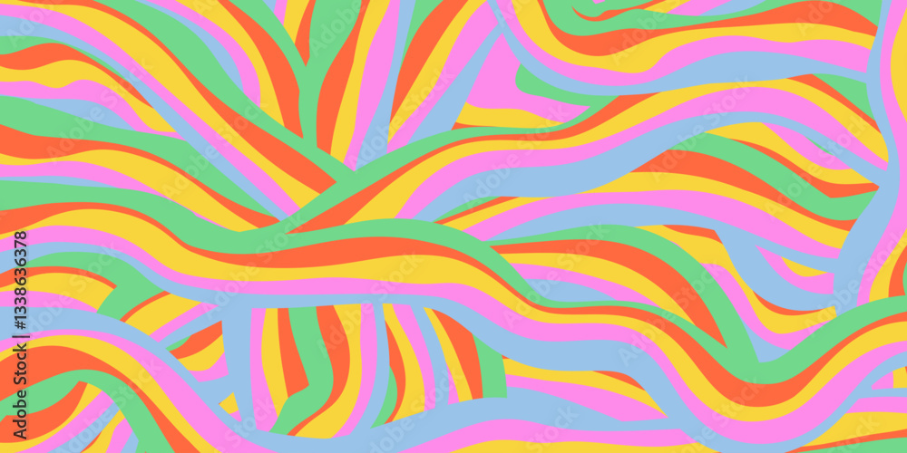 Poster Rainbow Wavy Abstract Backgound. Cool Colorful Playful Texture. Groovy Psychedelic Stripes. Y2k Funny Vector Texture. Pop Art Retro Bg.