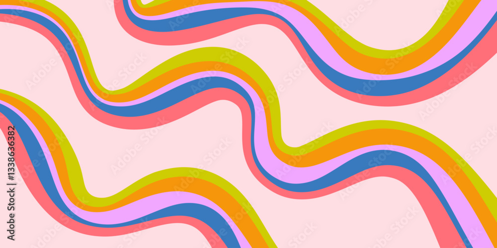 Poster Rainbow Wavy Abstract Backgound. Cool Colorful Playful Texture. Groovy Psychedelic Stripes. Y2k Funny Vector Texture. Pop Art Retro Bg.