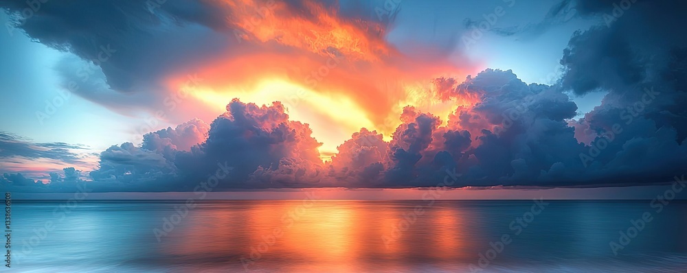 Poster sunset over ocean landscapes idea. a stunning sunset illuminating clouds over tranquil waters, creat