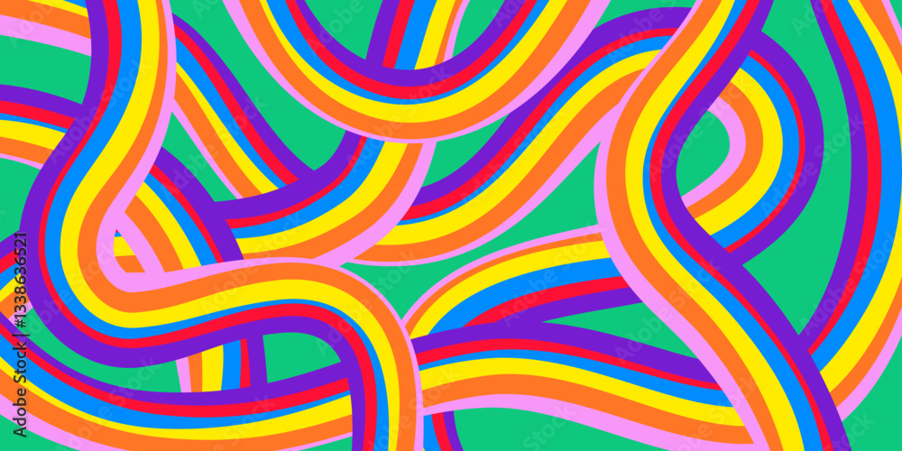 Poster Rainbow Wavy Abstract Backgound. Cool Colorful Playful Texture. Groovy Psychedelic Stripes. Y2k Funny Vector Texture. Pop Art Retro Bg.