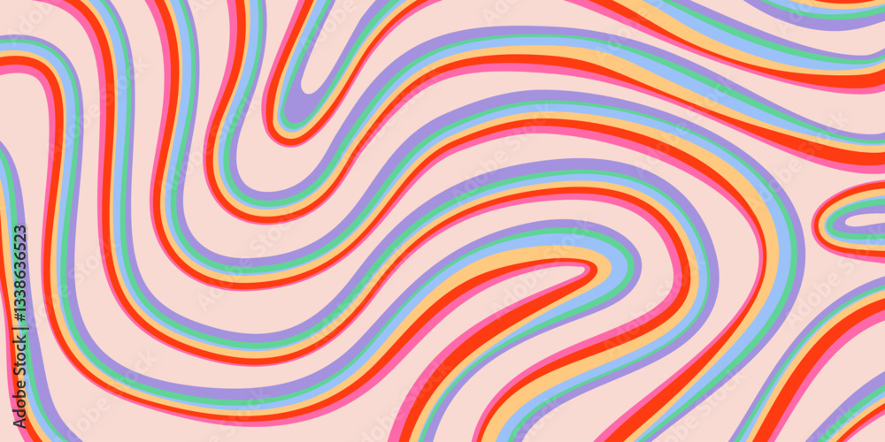 Poster Rainbow Wavy Abstract Backgound. Cool Colorful Playful Texture. Groovy Psychedelic Stripes. Y2k Funny Vector Texture. Pop Art Retro Bg.