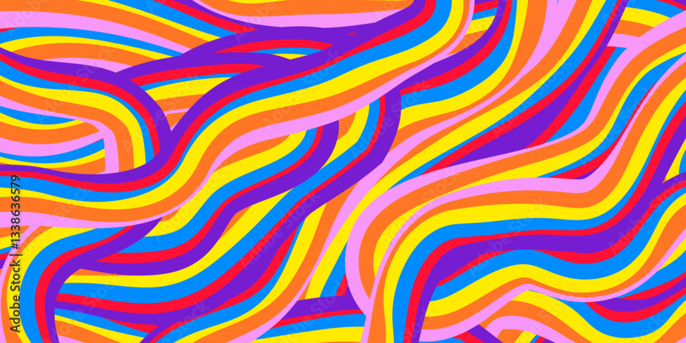 Poster Rainbow Wavy Abstract Backgound. Cool Colorful Playful Texture. Groovy Psychedelic Stripes. Y2k Funny Vector Texture. Pop Art Retro Bg.