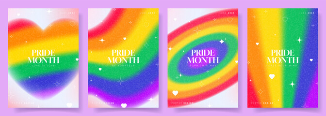 Set of Pride Month posters. Vector aesthetic posters with blurry heart, rainbow gradient backgrounds and stars. LGBTQ flyers for decoration social media, events, holiday, parties.
