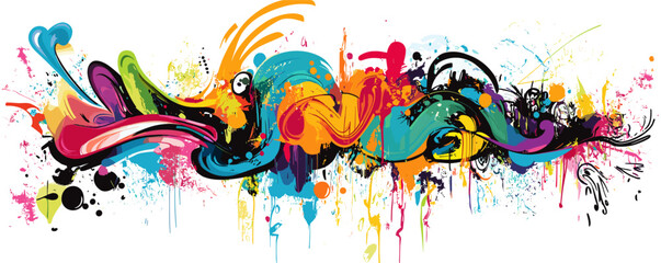 Colorful abstract graffiti art with vibrant paint splatters and dynamic fluid shapes.