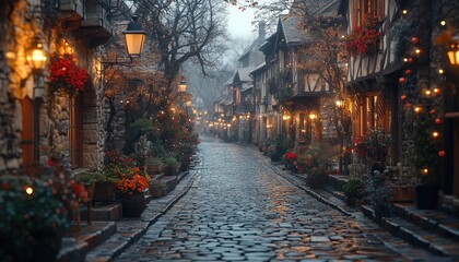 Fototapeta premium A cobblestone street with glowing lights and quaint buildings