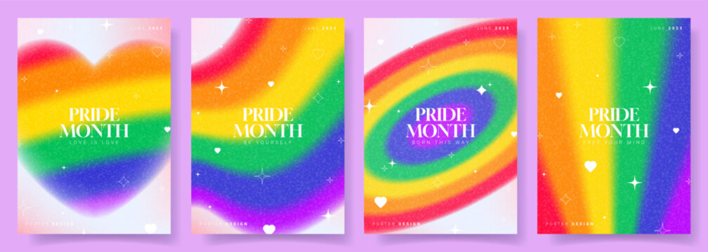 Set of Pride Month posters. Vector aesthetic posters with blurry heart, rainbow gradient backgrounds and stars. LGBTQ flyers for decoration social media, events, holiday, parties.