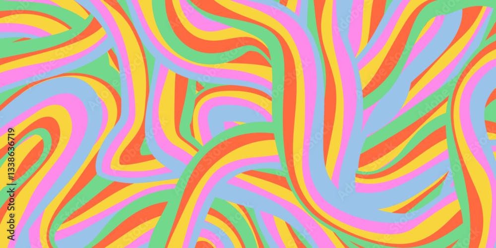 Poster Rainbow Wavy Abstract Backgound. Cool Colorful Playful Texture. Groovy Psychedelic Stripes. Y2k Funny Vector Texture. Pop Art Retro Bg.