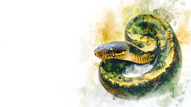 A Green And Yellow Python Coiled On A White Background