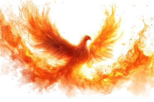 Majestic phoenix rising from flames in a vibrant display of fire and color