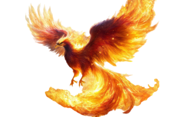 Phoenix rising from flames in a vibrant display of colors and energy during daytime