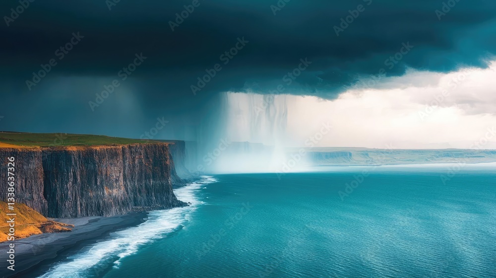 Poster seaside cliffs landscapes idea. a dramatic seascape featuring a storm above cliffs and cascading wat