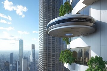 Futuristic pod vehicle attached to a modern skyscraper with city skyline in the background under a clear sky