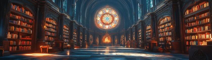 a majestic library with a stunning stained glass window. The shelves are full of books, creating a warm, inviting atmosphere