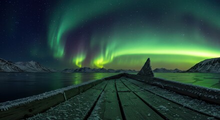 Aurora Borealis Dancing Over Snowy Mountains Seen From Old Boat