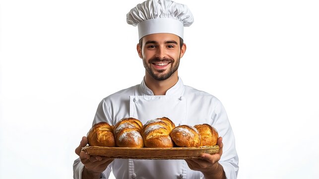 Baker smiling and showing freshly baked bread loaves