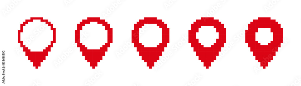 Poster five red pixel map markers showcase diverse styles. ideal for digital maps and location-based design