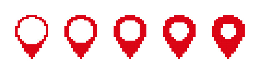 Five red pixel map markers showcase diverse styles. ideal for digital maps and location-based designs.