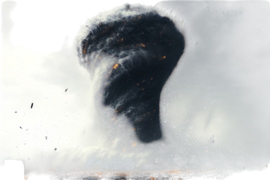 Powerful tornado forming over a coastal area during a stormy day