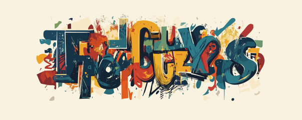 Fototapeta premium Colorful abstract typography with bold letters and splashing paint strokes.